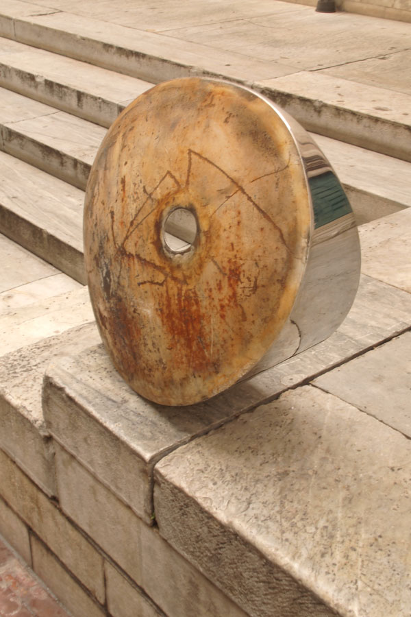 Prasto, Rusted egg form with hole©, 2010; Rusted iron, stainless steel, lead, 70x50x30 cm